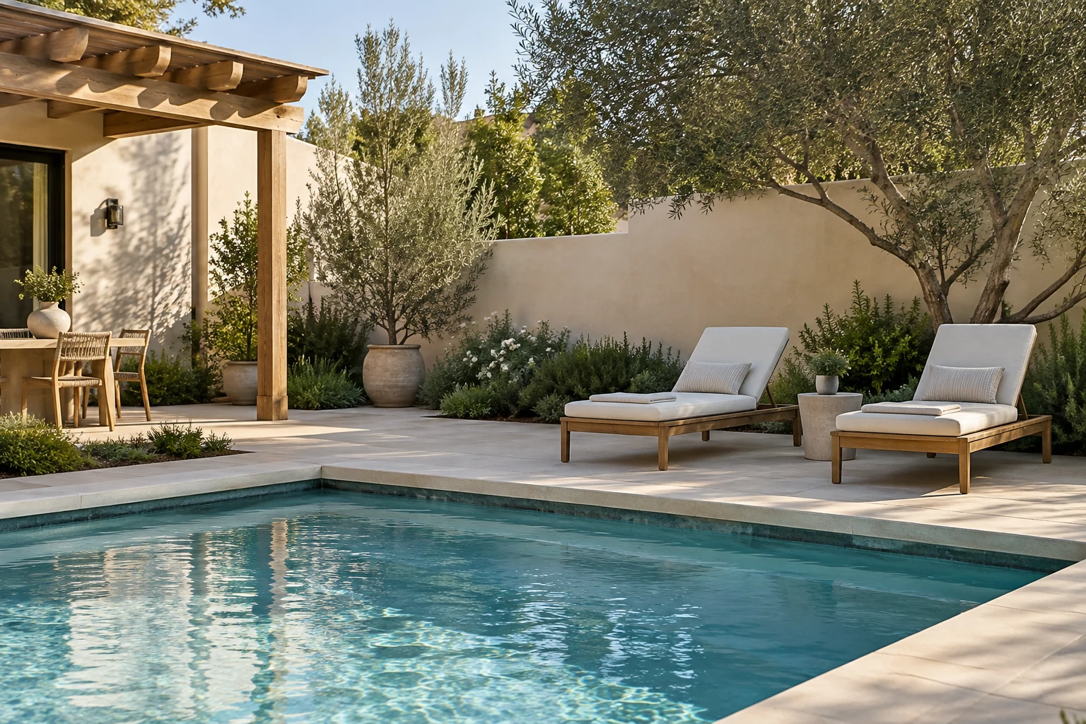 Clear blue water in a well-kept residential swimming pool