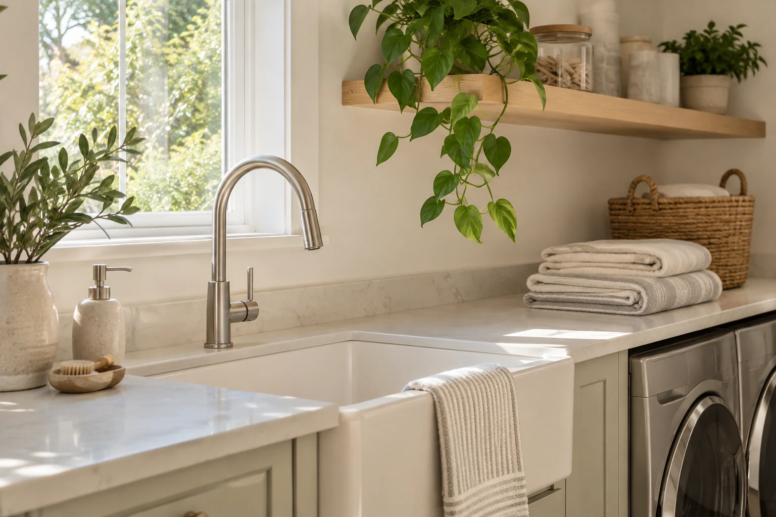 A clean residential utility sink with brushed metal fixtures