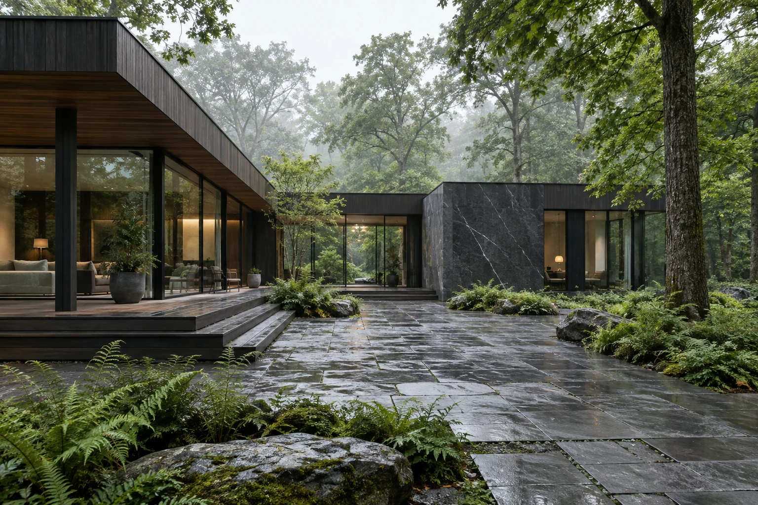 A woodland residence with dark marble, smoked timber and glass courtyard walls