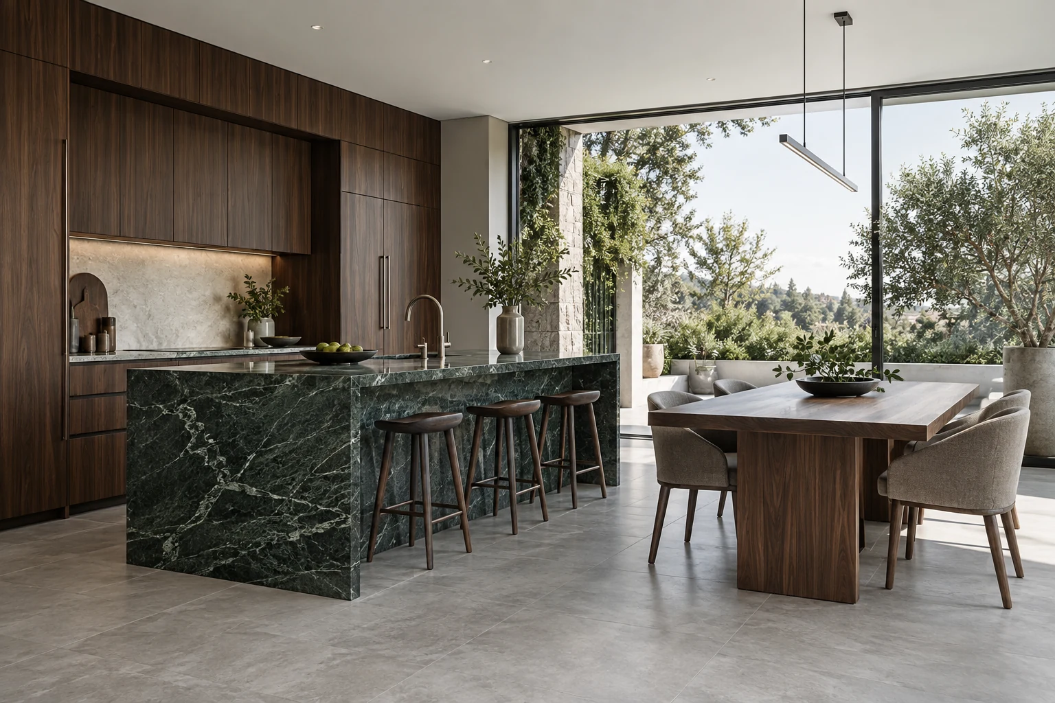A deep green marble island and walnut kitchen beside a glazed dining area