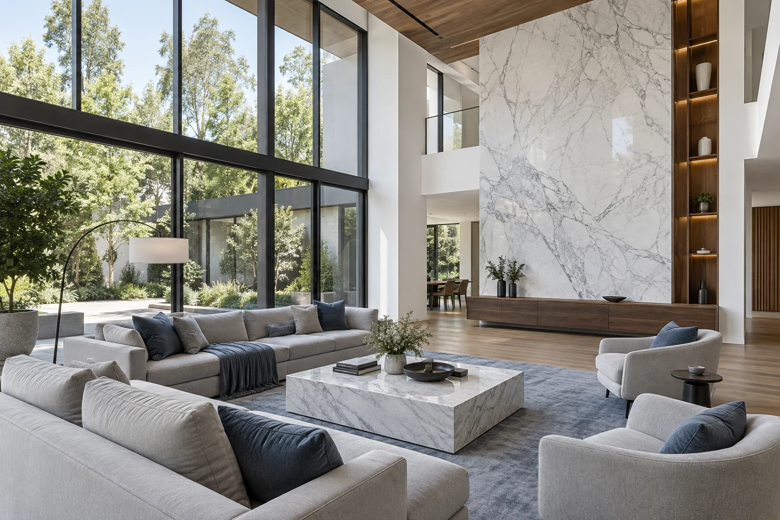 A double-height living room with veined marble, timber detailing and floor-to-ceiling glass