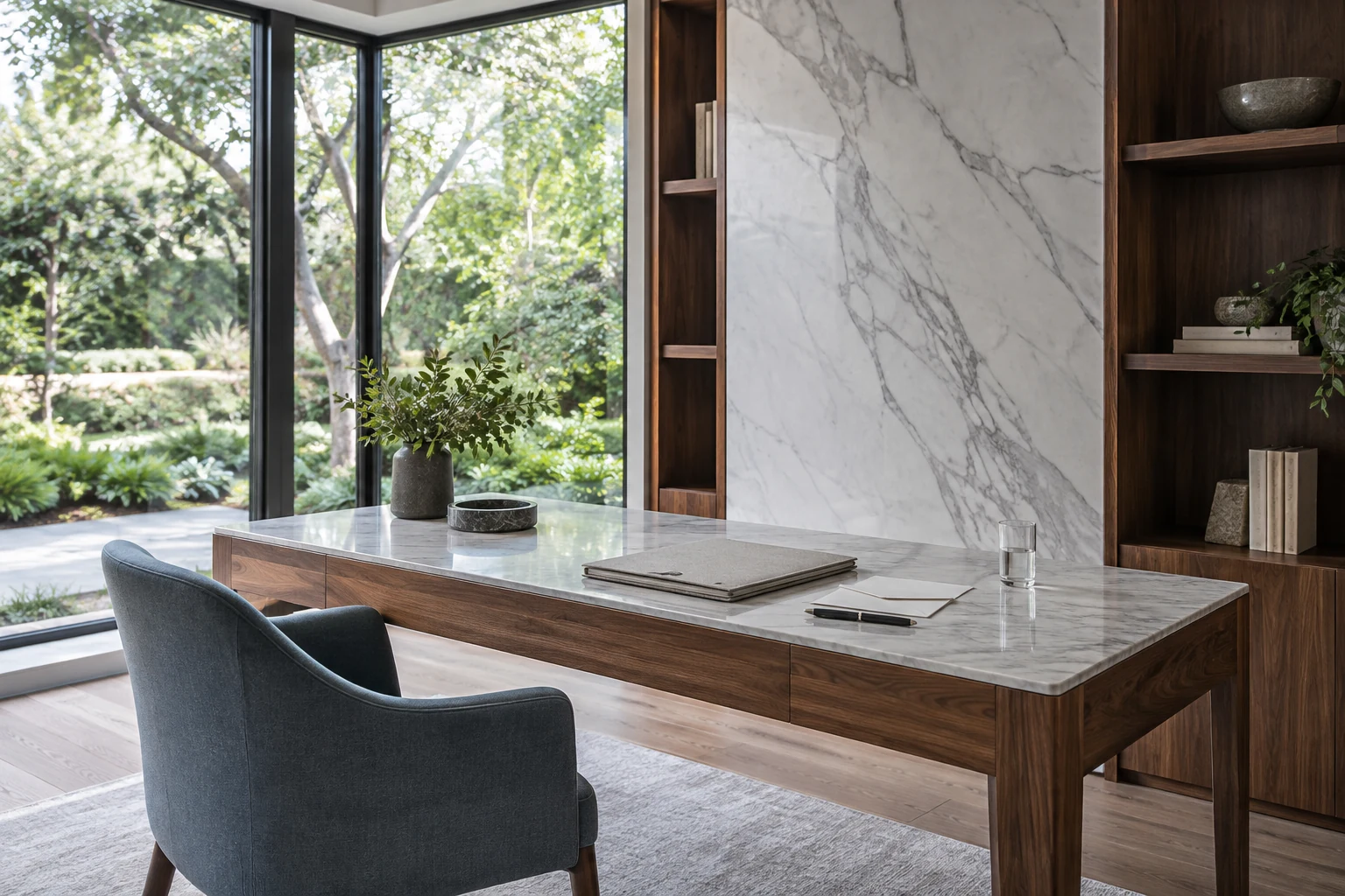 A marble-topped walnut desk with organized paperwork beside a glass garden window
