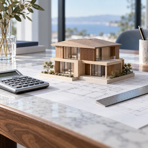 A wooden house model, floor plan and calculator prepared for a rental assessment