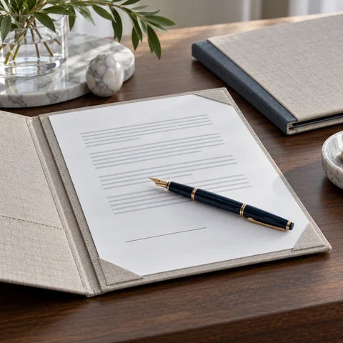 An open document folder and pen ready for the management agreement