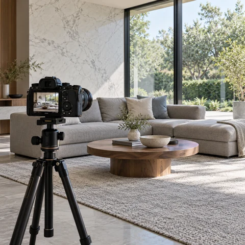 A camera on a tripod photographing a prepared marble-and-wood living room