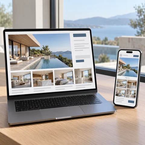 A laptop and phone displaying illustrative property listings across devices