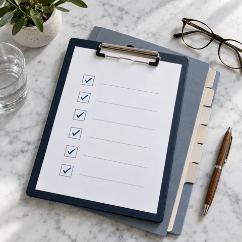 A six-point review checklist and organized documents for tenant screening