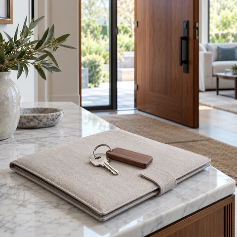A house key and document wallet by an open front door, ready for move-in