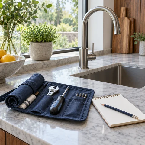 An organized maintenance kit beside a kitchen faucet for routine property care