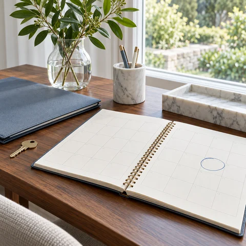 A marked calendar, rental folder and house key prepared for lease renewal planning